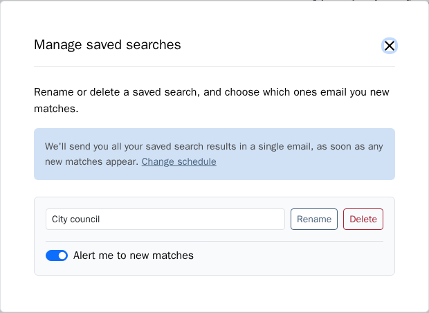 Manage saved searches modal with the Alert me to new matches switch turned on for one saved search