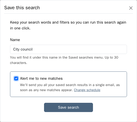 Save this search modal with the Alert me to new matches box ticked and the delivery schedule shown underneath