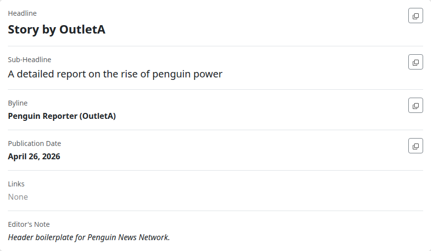 The download page metadata card with each story field paired with a Copy button on the right side