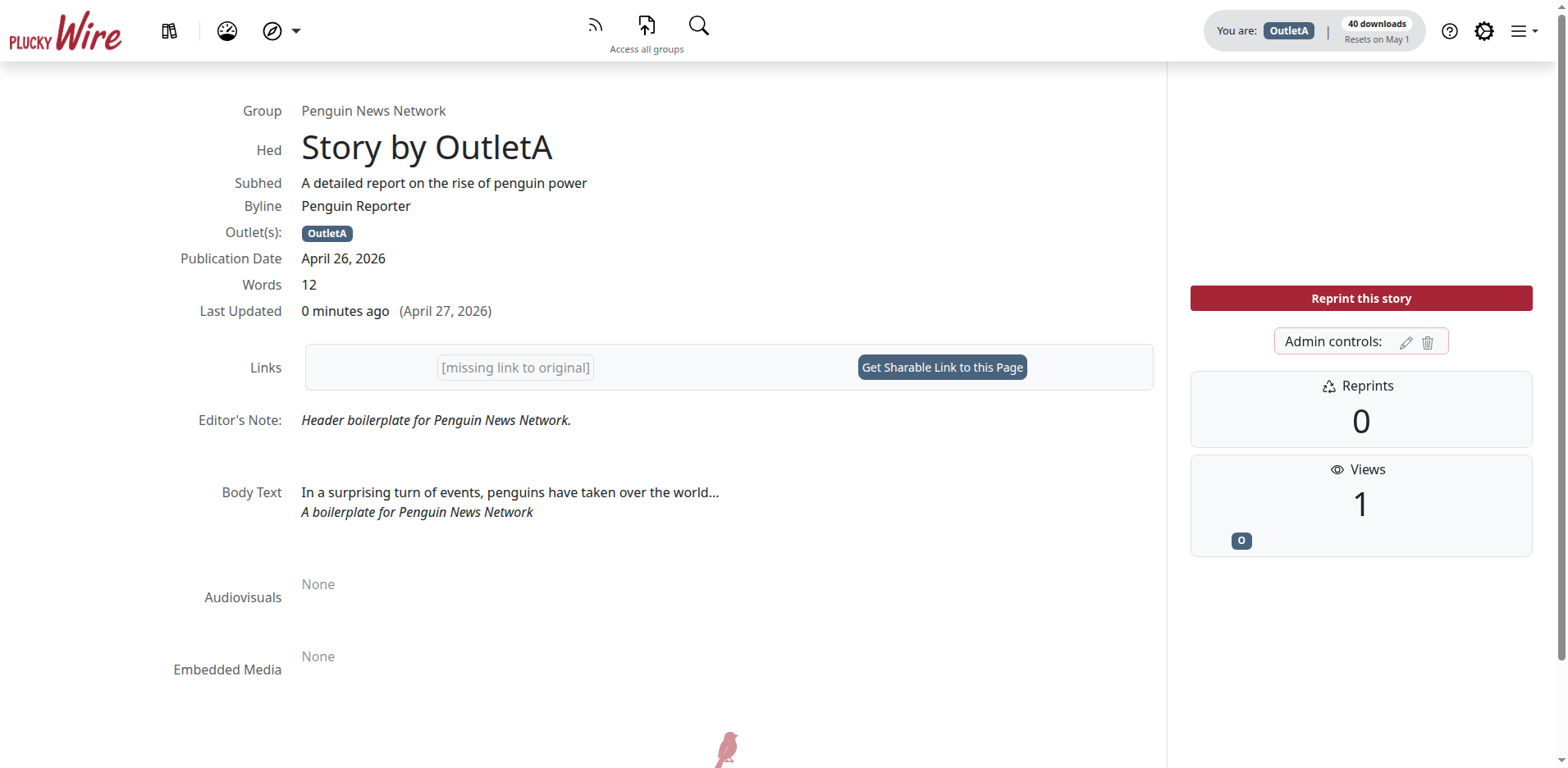 The story preview page showing the headline, byline, body text, and the Reprint this story button on the right