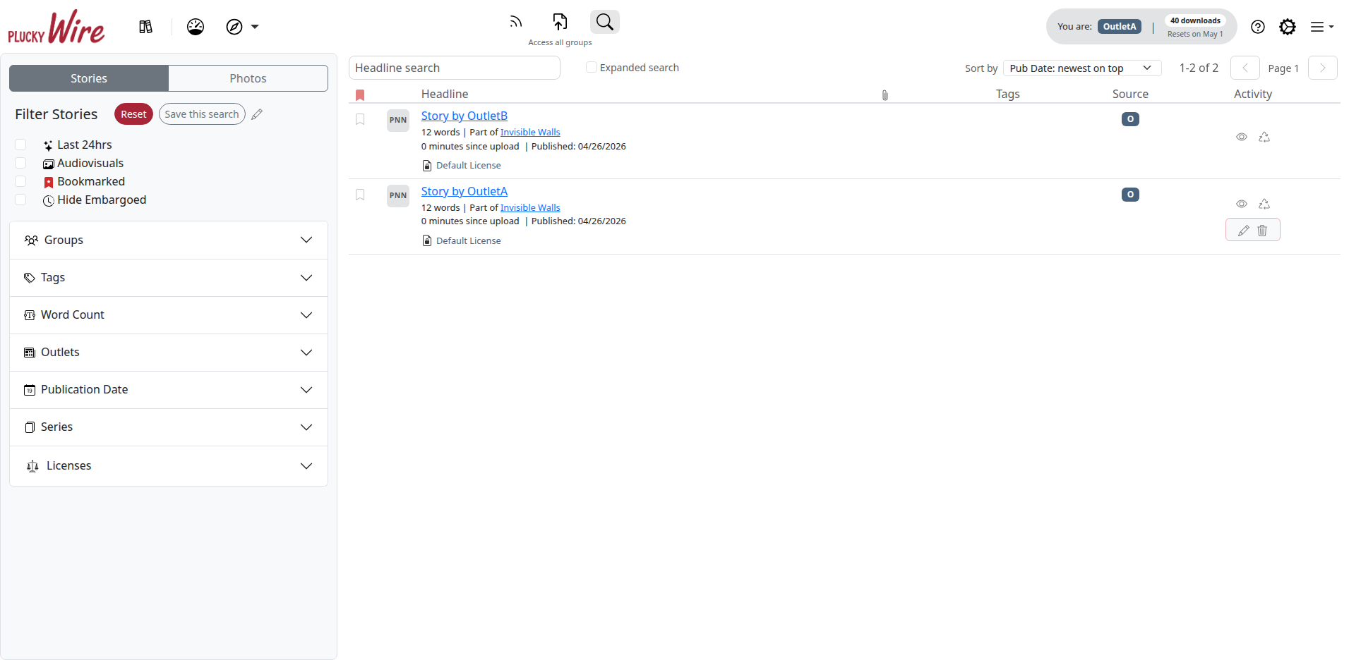 The Search page showing the filter panel on the left, the headline search bar above the results, and a populated results table