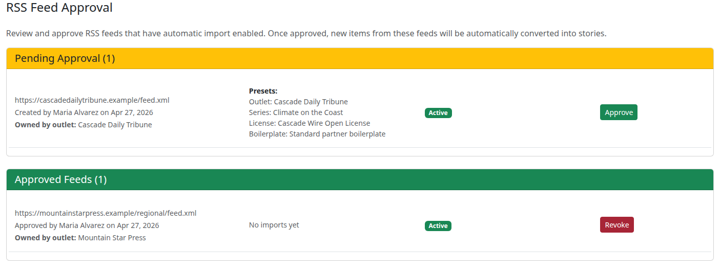 RSS Feed Approval page with one feed in the yellow Pending Approval card showing presets and a green Approve button, and one feed in the green Approved Feeds card showing a Revoke button