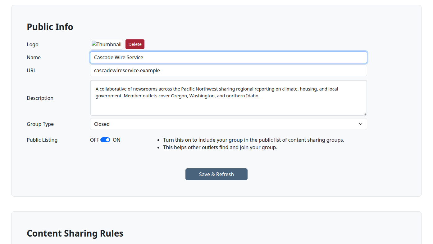 Group settings page with the General tab active and the row of nine tabs visible