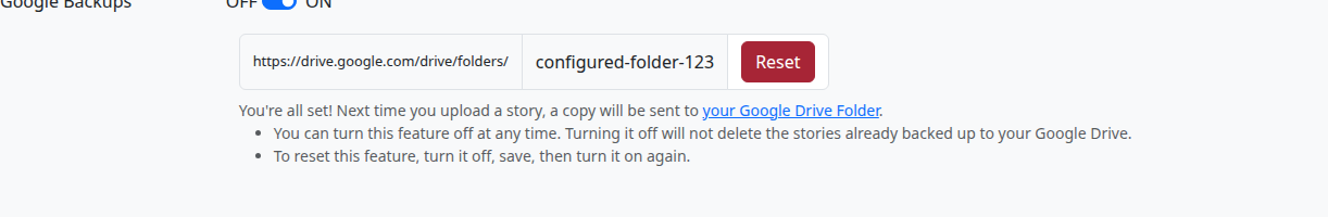 Google Backups row in the verified state showing the connected folder ID, the You're all set confirmation, and the Reset button