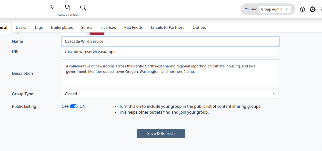 Public Info card filled in with logo thumbnail, display name, URL, description, group type, and Public Listing toggle ON