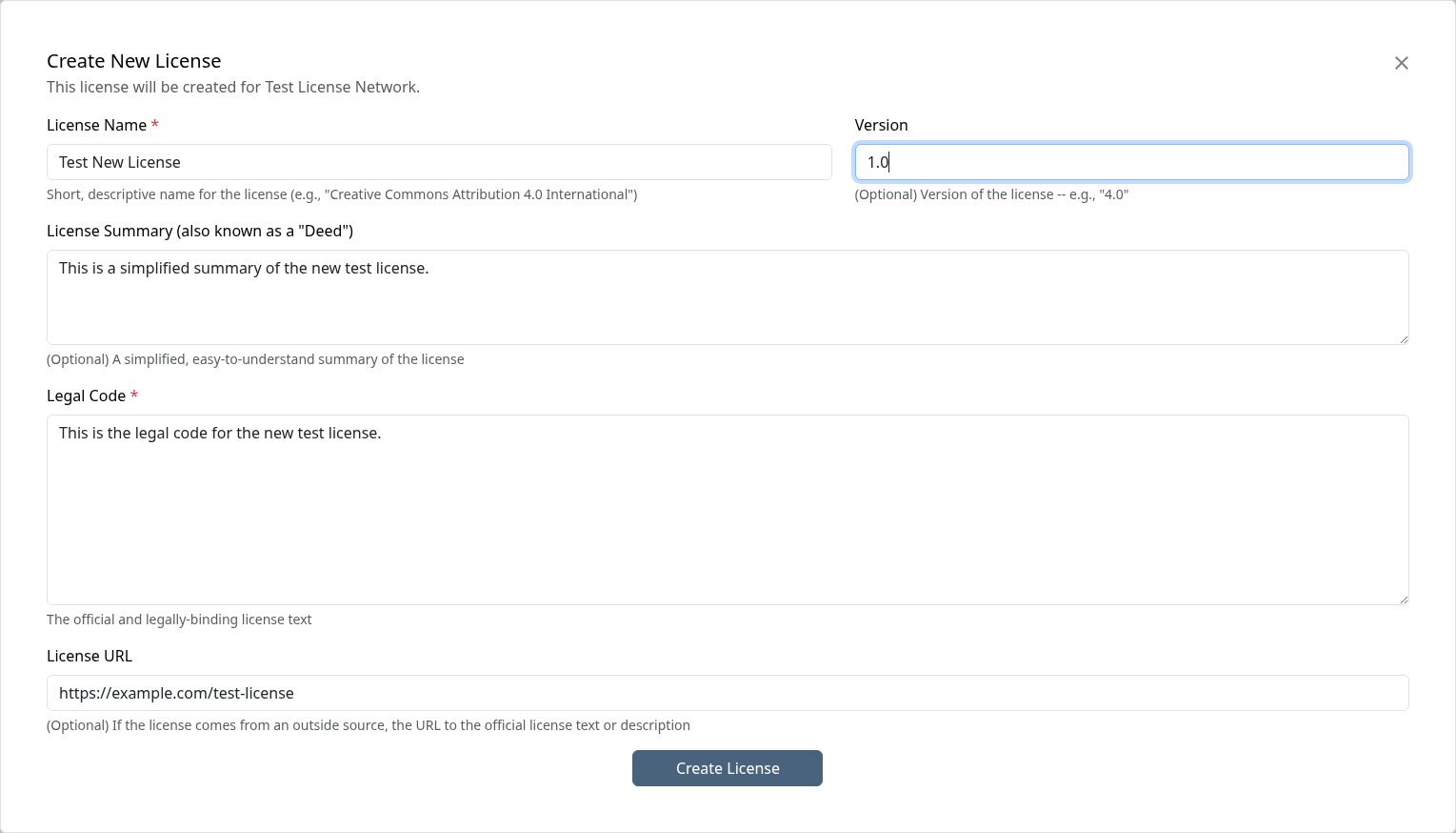 Create New License modal with License Name, Version, Summary, Legal Code, and License URL fields populated
