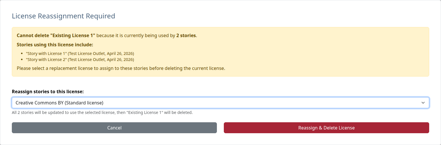 License Reassignment Required dialog listing two affected stories with a replacement License selected
