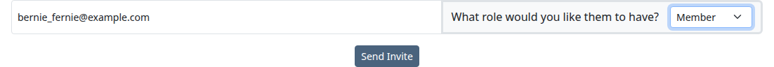 Invite-by-email form with email field filled, role dropdown set to Member, and Send Invite button below