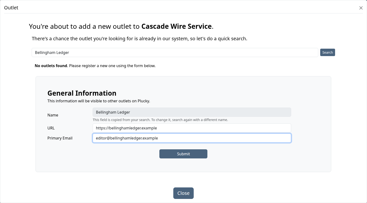 Add outlet modal with a search query for a non-existing Outlet and the create form revealed below showing Name, URL, and Primary Email fields