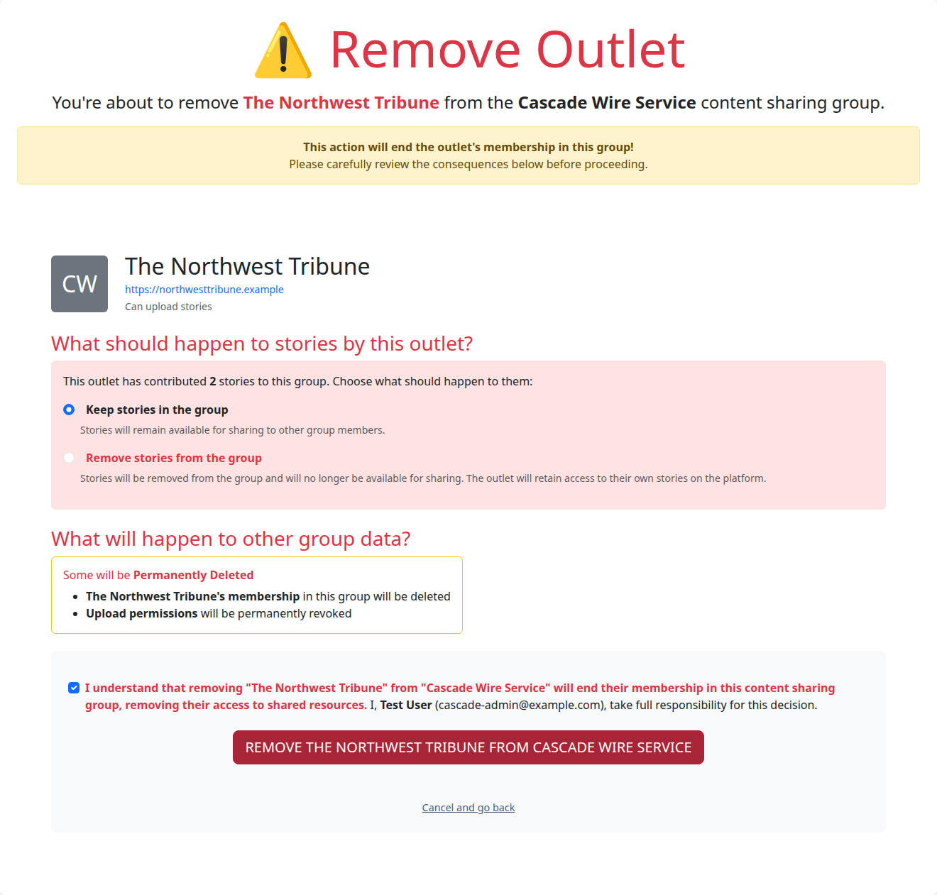Remove Outlet confirmation page with warning banner, story-disposition radios, consequences card, ticked confirmation checkbox, and red REMOVE button