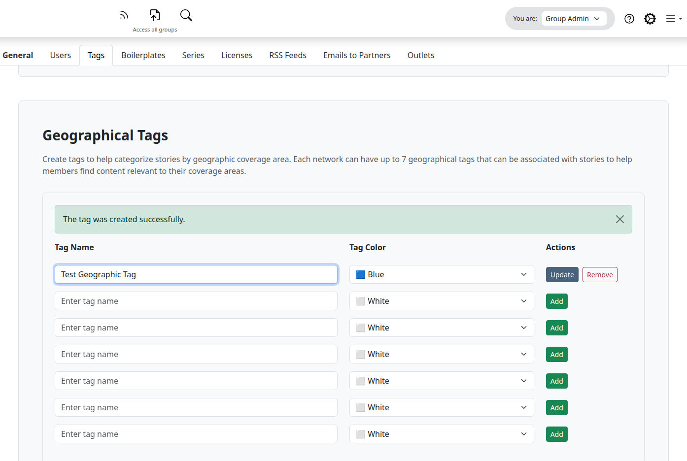 Tags tab showing the Geographical Tags section with one filled row (name and color set, Update and Remove buttons) and six empty rows with Add buttons