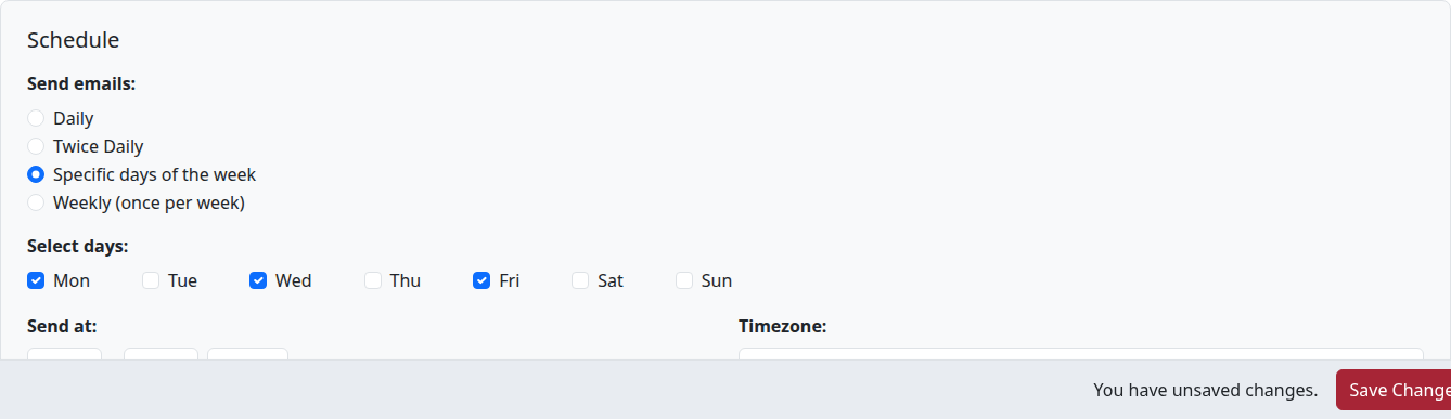 Schedule section with Specific days of the week selected, showing the day checkboxes with Mon, Wed, and Fri checked
