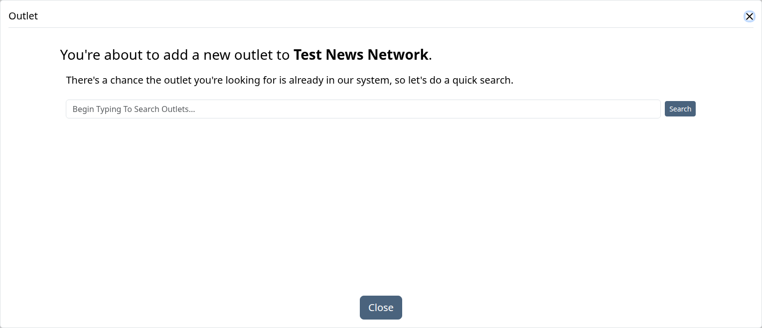 Add Outlet modal with a search field at the top and the option to create a new Outlet below