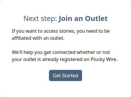 Dashboard card titled "Next step: Join an Outlet" with a Get Started button below the explanatory text