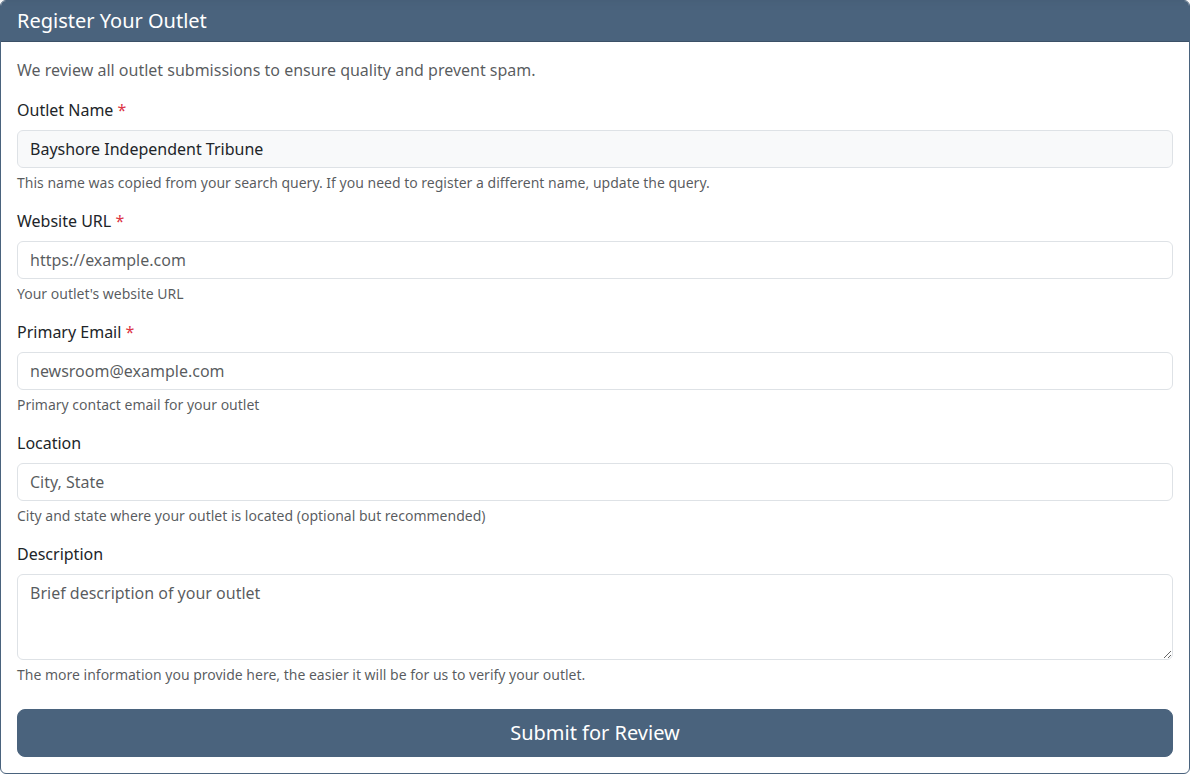Register Your Outlet form with the Outlet Name pre-filled and read-only above empty Website URL, Primary Email, Location, and Description fields