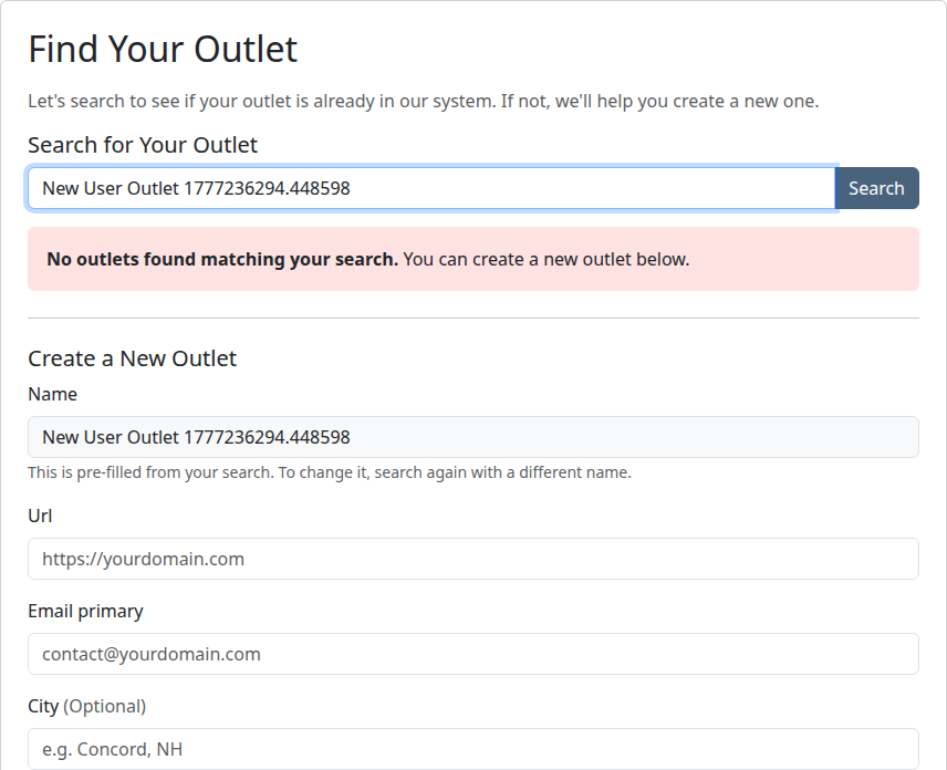 Find Your Outlet step showing search field with no results and the Create a New Outlet form below
