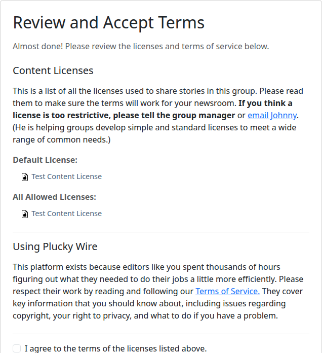 Review and Accept Terms step listing the Content Licenses for the Group above the Terms of Service section
