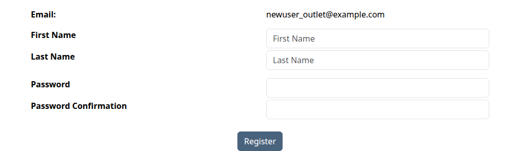 Invitation registration form with email pre-filled and empty First Name, Last Name, Password, and Password Confirmation fields