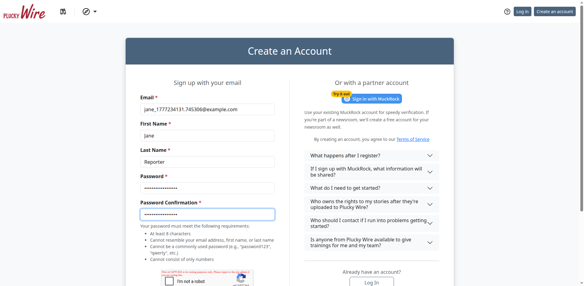 Wire registration form filled with sample name, email, and password