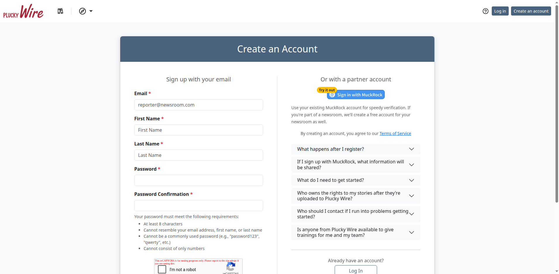 Wire registration page with the email form on the left and the Sign in with MuckRock button on the right