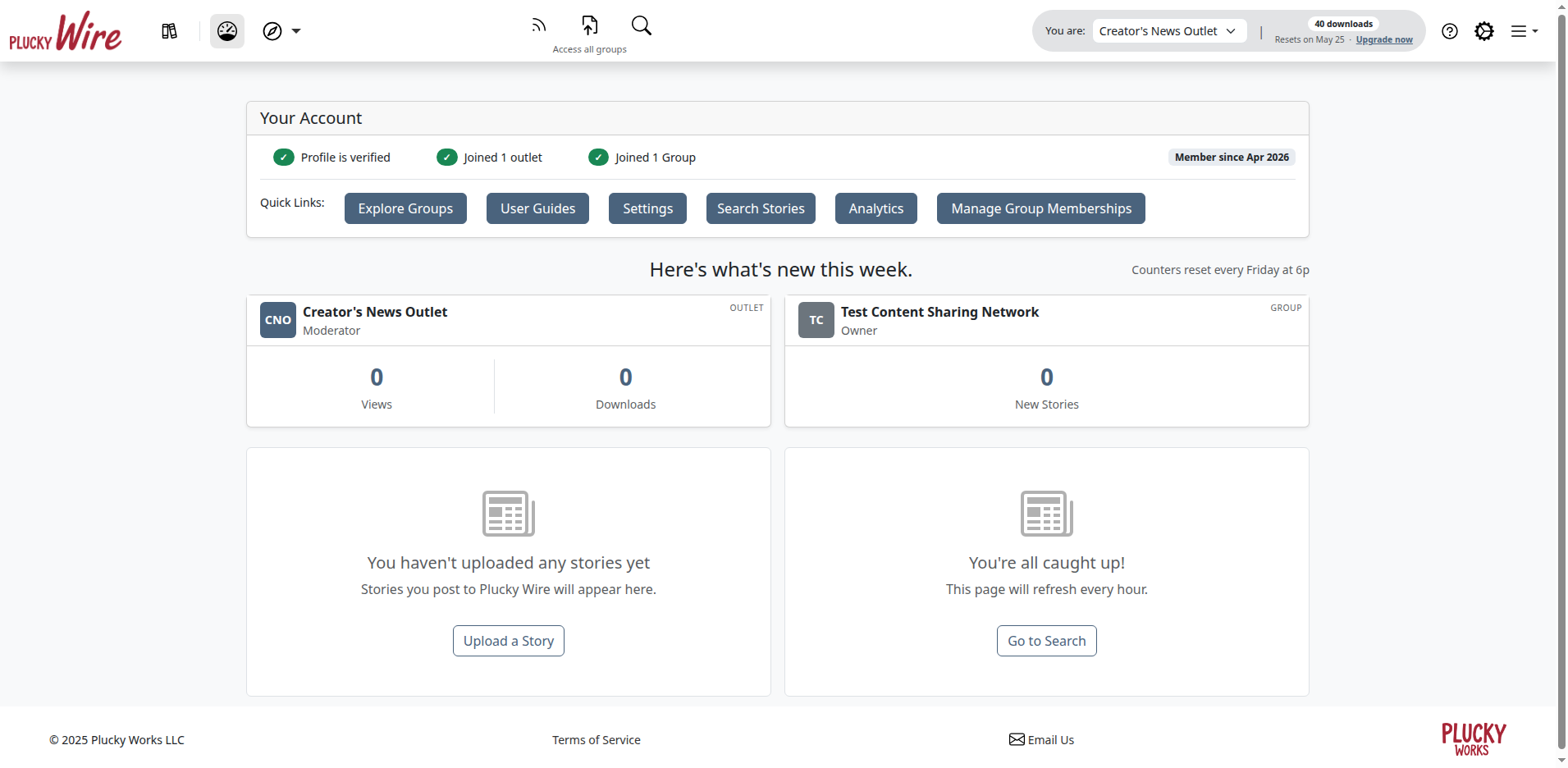 Dashboard after creating a Group, with a Test Content Sharing Network tile showing the user as Owner and a Joined 1 Group success badge