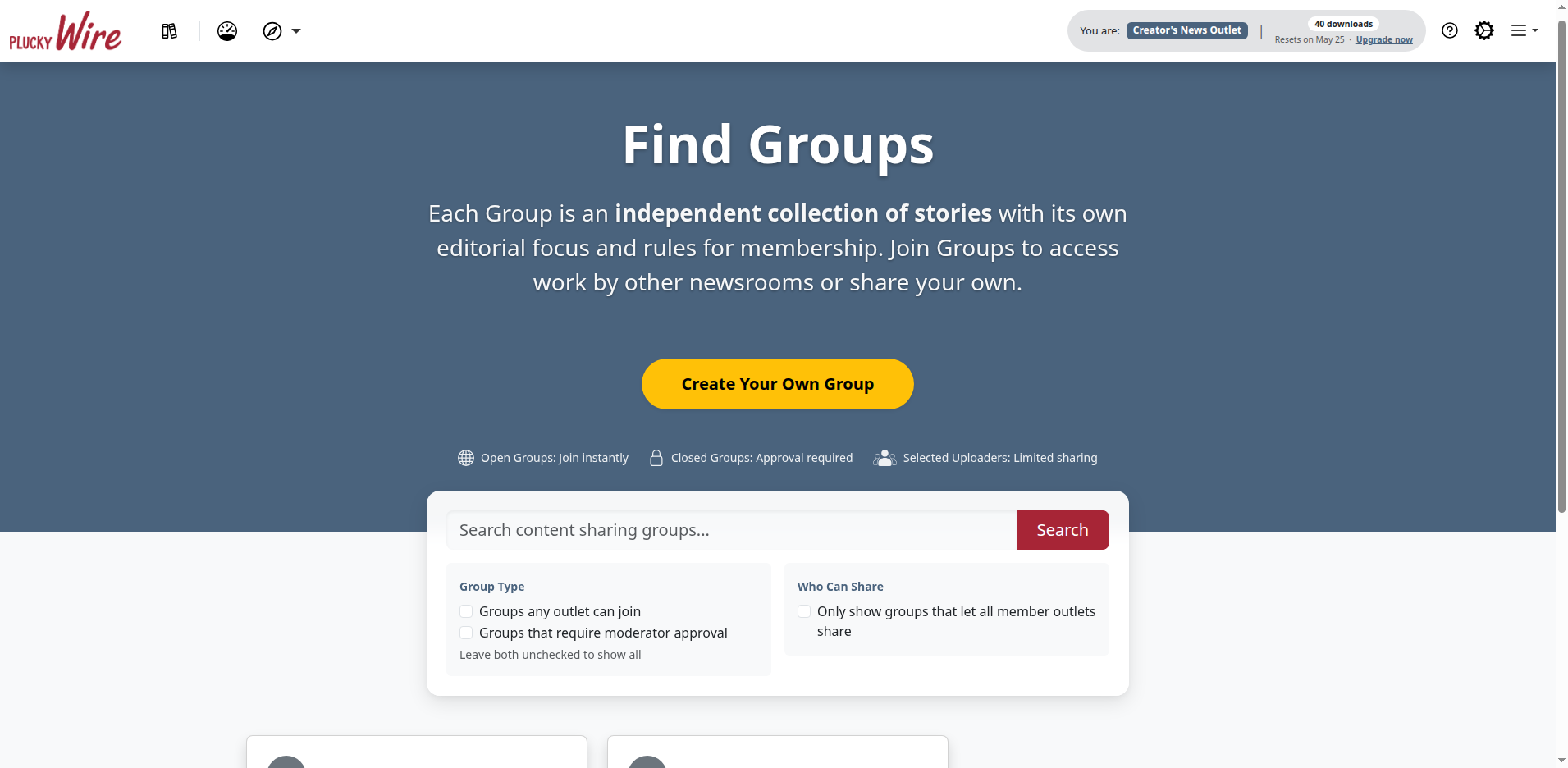 Explore Groups page showing the yellow Create Your Own Group button above the Groups listing