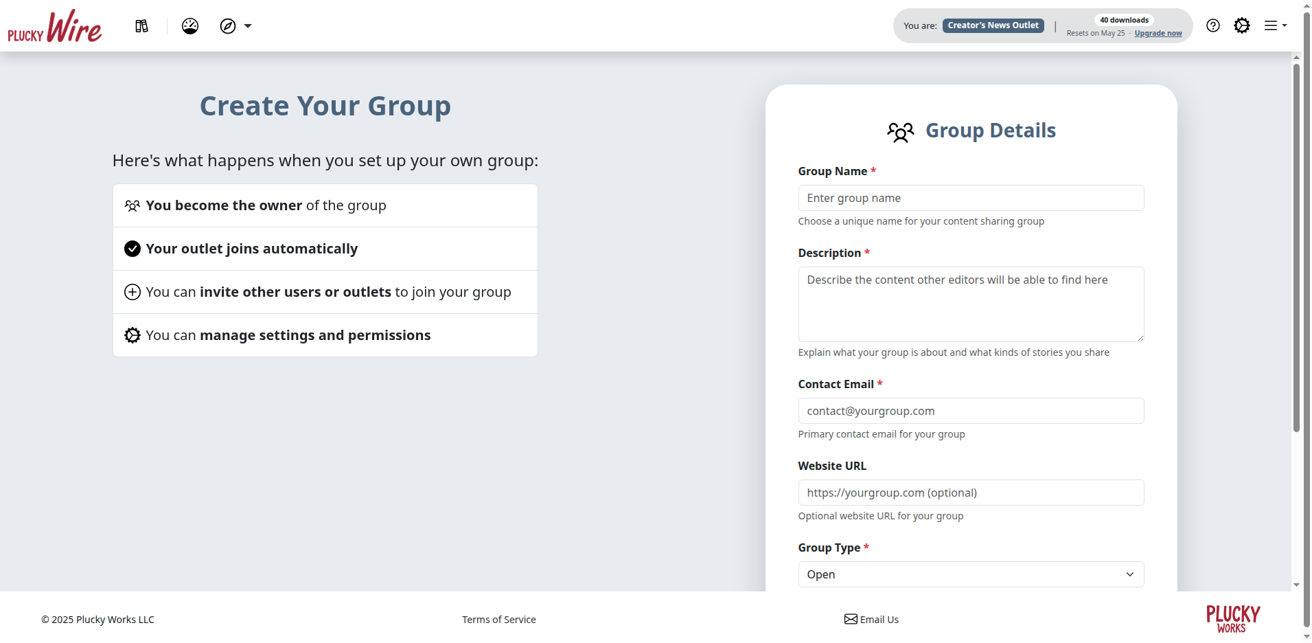 Create Your Group page with the explanatory side panel on the left and the empty Group Details form on the right showing Group Name and Description fields