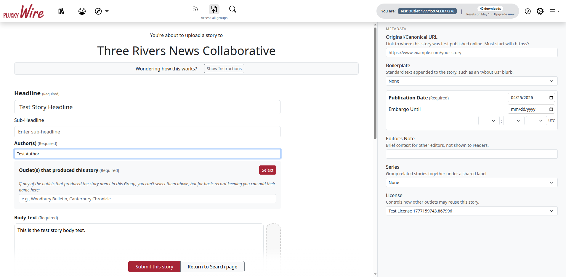 The Wire story upload form filled with a sample headline, author, publication date, and body text