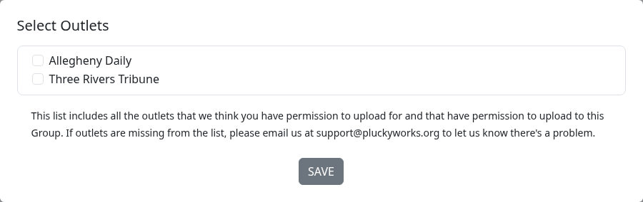 Select Outlets modal showing two checkbox options for partner Outlets in the Group