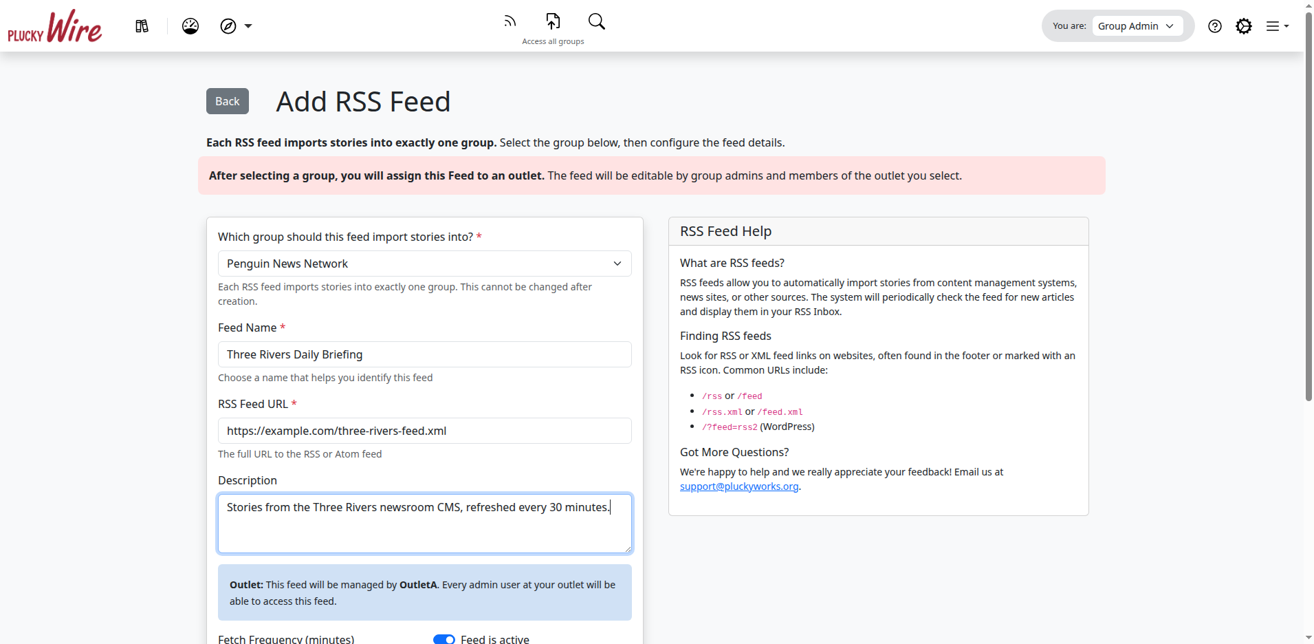 The Add RSS Feed form with a Group selected, Feed Name set to "Three Rivers Daily Briefing", an example RSS Feed URL, and a description filled in