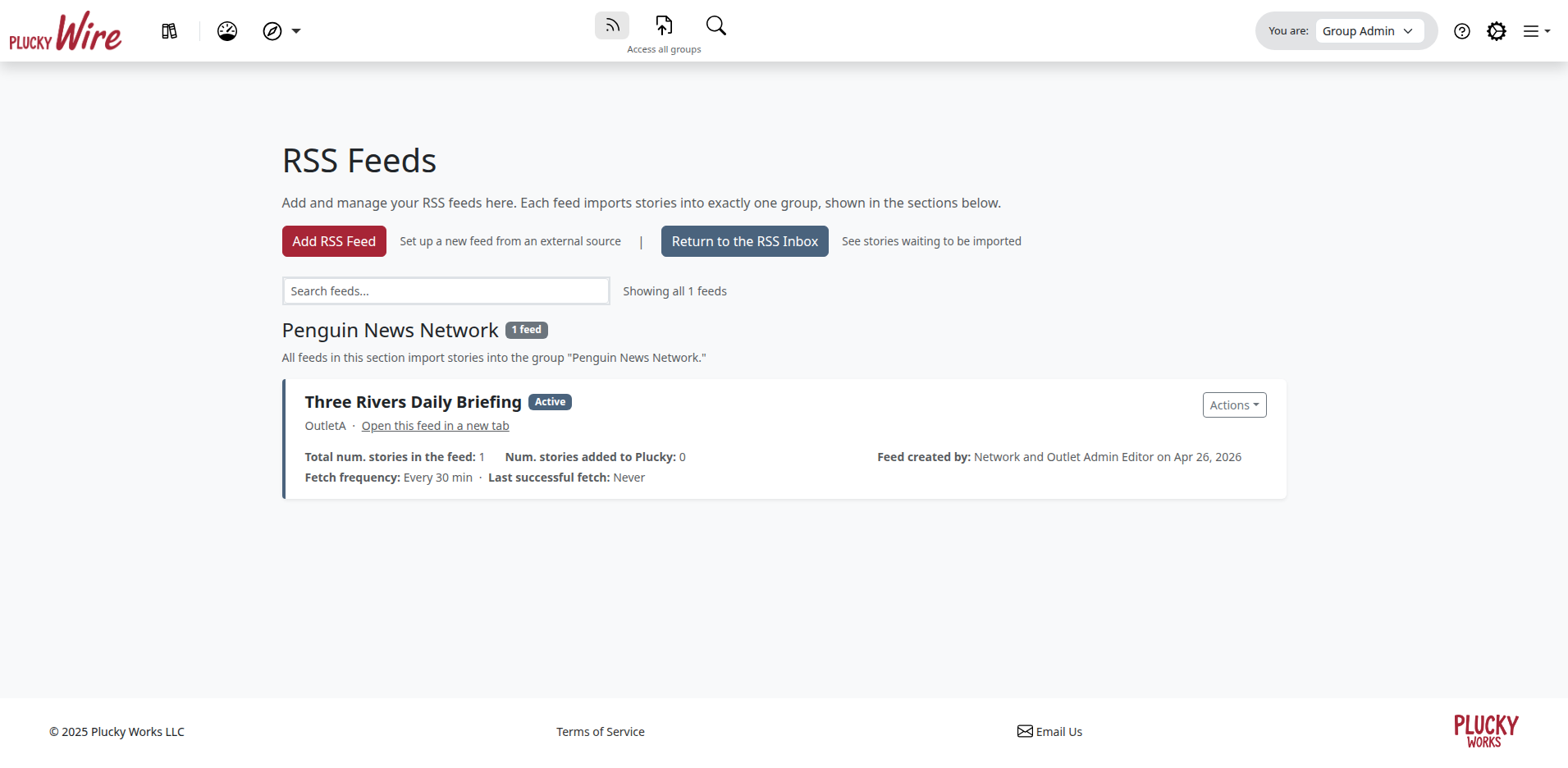The RSS Feeds management page listing one active feed grouped under its parent Group, with Add RSS Feed and Return to the RSS Inbox buttons