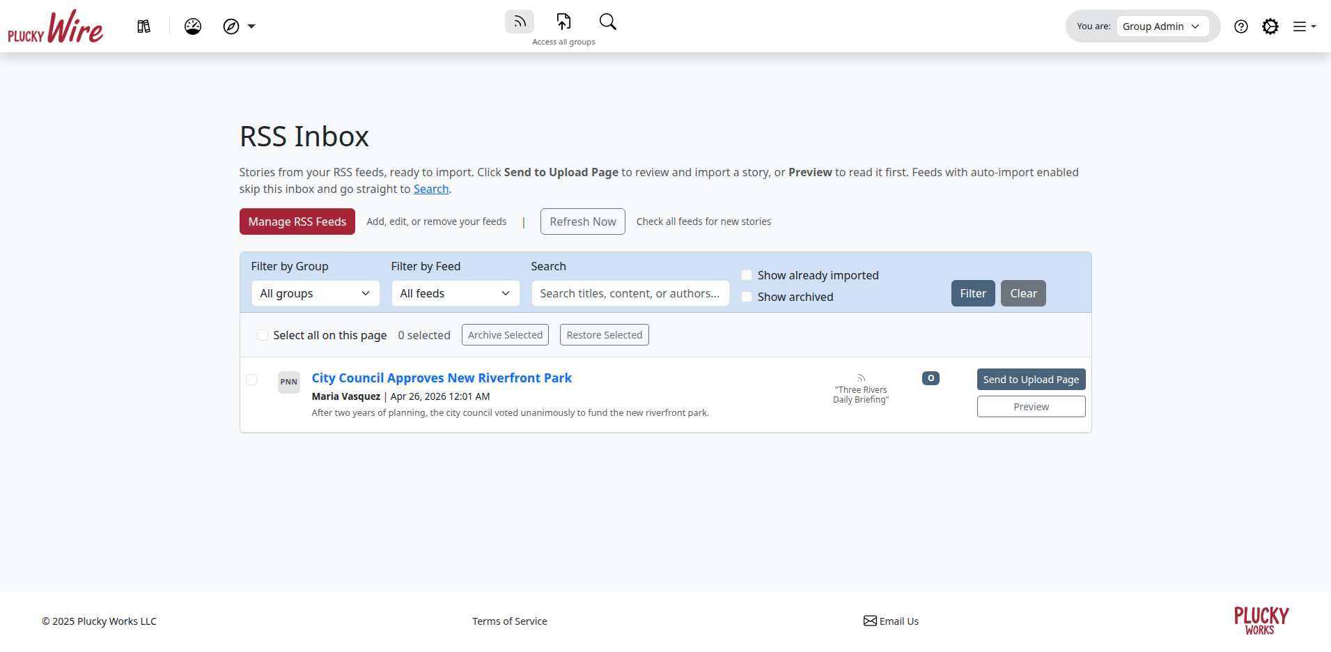 The RSS Inbox showing one story ready to import, with Send to Upload Page and Preview buttons next to its headline, author, and a short excerpt